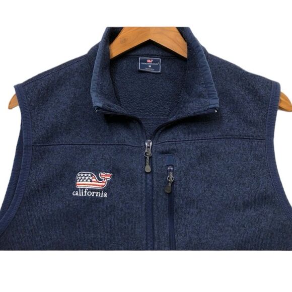 Vineyard Vines Mens Fleece Vest Navy Blue Size Medium California Whale Logo - Picture 2 of 11